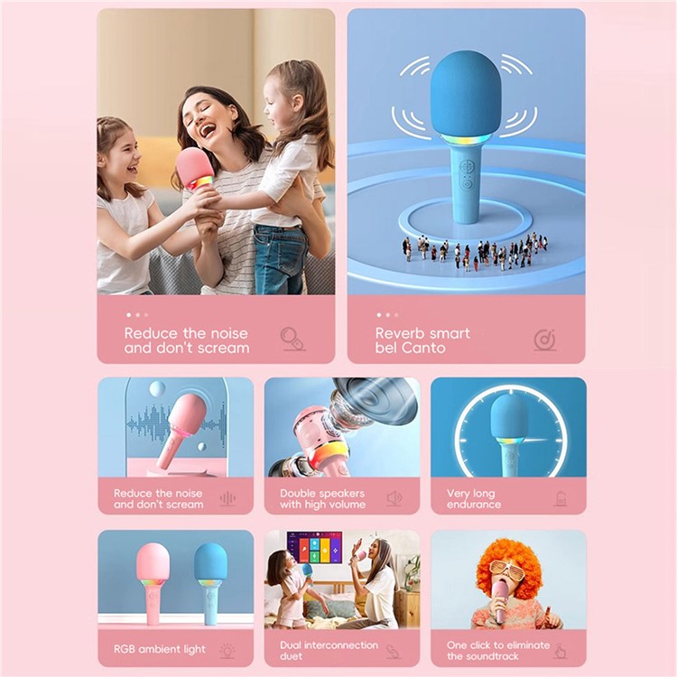 L8 Colorful Light Microphone Speaker Children Wireless Home Singing Handheld Mic - Pink