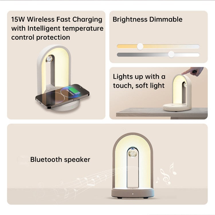 U3 3-in-1 Bedside Lamp Bluetooth Speaker Night Light with 15W Wireless Charger - White