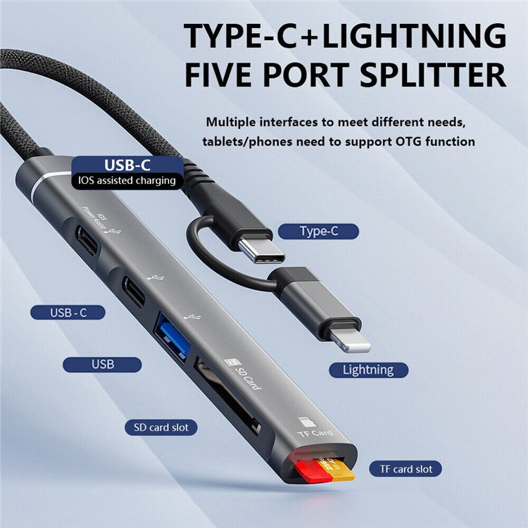 SVT02 For iPhone+Type-C Hub Adapter to 2 Type-C Ports+USB+2 Card Reader Slots - Silver
