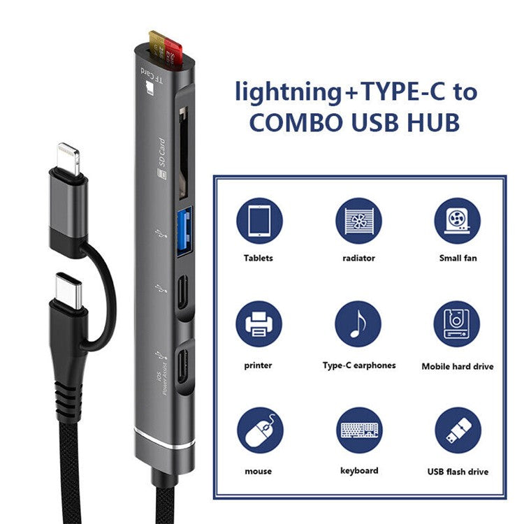SVT02 For iPhone+Type-C Hub Adapter to 2 Type-C Ports+USB+2 Card Reader Slots - Silver