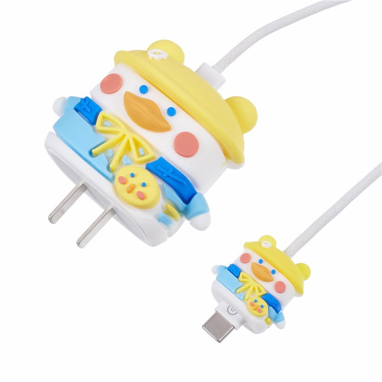 1 Set Cartoon Hat Duck Protective Case Silicone Adapter Charger Cable Protector Cover for iPhone 18W / 20W Charger - Yellow