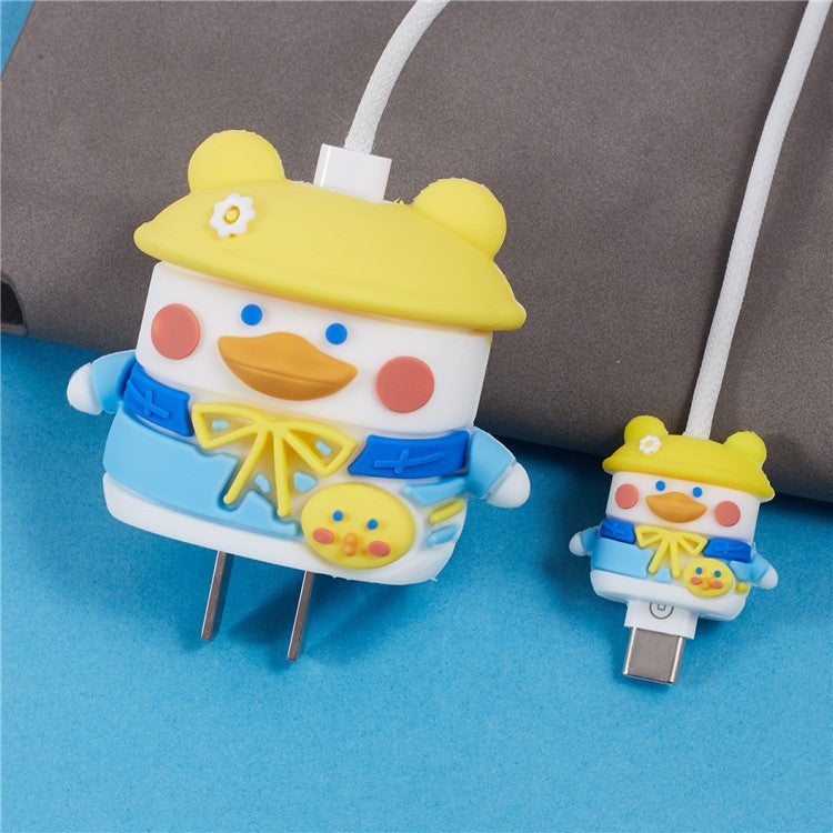 1 Set Cartoon Hat Duck Protective Case Silicone Adapter Charger Cable Protector Cover for iPhone 18W / 20W Charger - Yellow