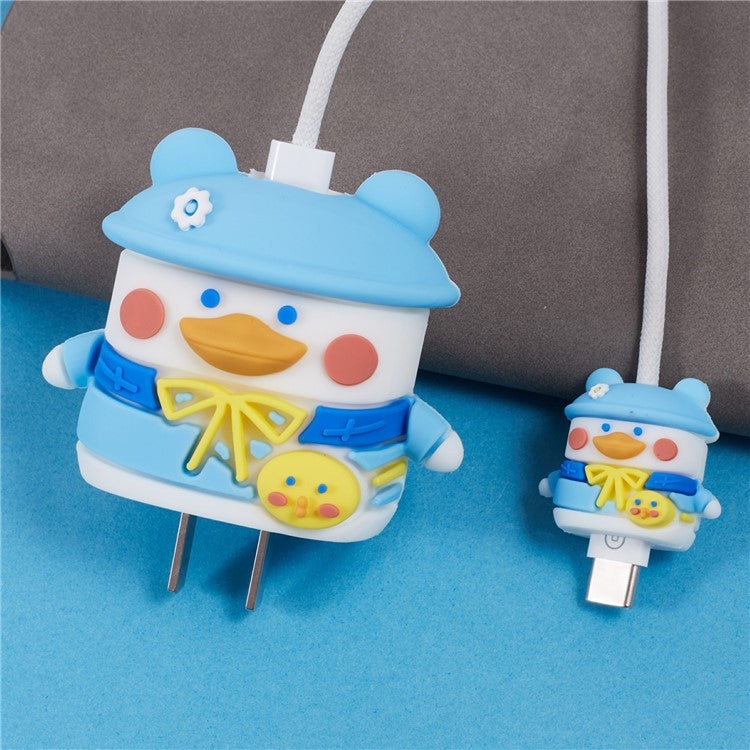 1 Set Cartoon Hat Duck Protective Case Silicone Adapter Charger Cable Protector Cover for iPhone 18W / 20W Charger - Blue
