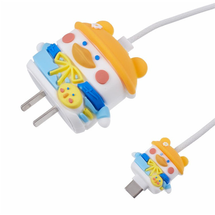 1 Set Cartoon Hat Duck Protective Case Silicone Adapter Charger Cable Protector Cover for iPhone 18W / 20W Charger - Orange