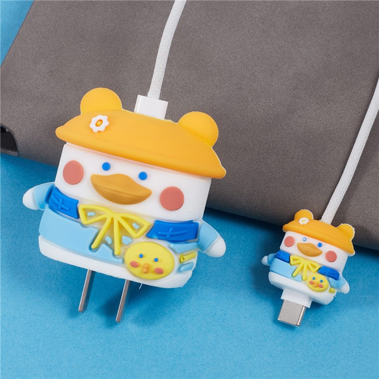 1 Set Cartoon Hat Duck Protective Case Silicone Adapter Charger Cable Protector Cover for iPhone 18W / 20W Charger - Orange