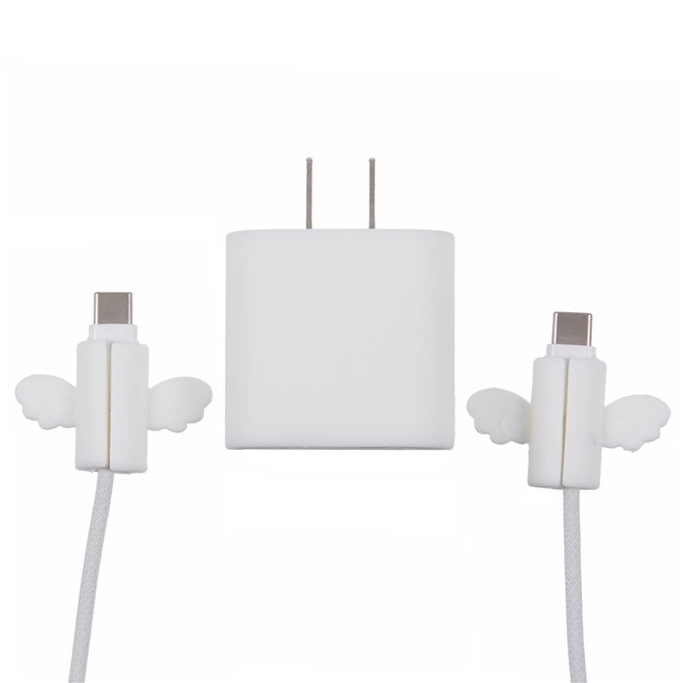 Solid Color Wings Protective Sleeve for Apple iPhone 18 / 20W Charger Cover + 2Pcs Data Cable Saver Silicone Case - White