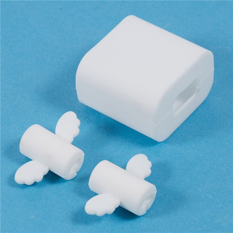 Solid Color Wings Protective Sleeve for Apple iPhone 18 / 20W Charger Cover + 2Pcs Data Cable Saver Silicone Case - White