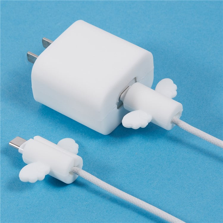 Solid Color Wings Protective Sleeve for Apple iPhone 18 / 20W Charger Cover + 2Pcs Data Cable Saver Silicone Case - White