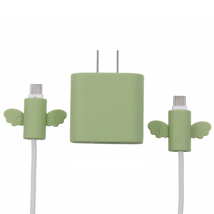 Solid Color Wings Protective Sleeve for Apple iPhone 18 / 20W Charger Cover + 2Pcs Data Cable Saver Silicone Case - Light Green