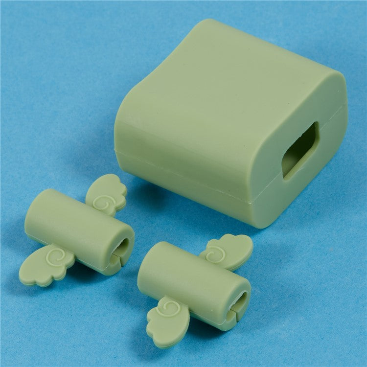 Solid Color Wings Protective Sleeve for Apple iPhone 18 / 20W Charger Cover + 2Pcs Data Cable Saver Silicone Case - Light Green