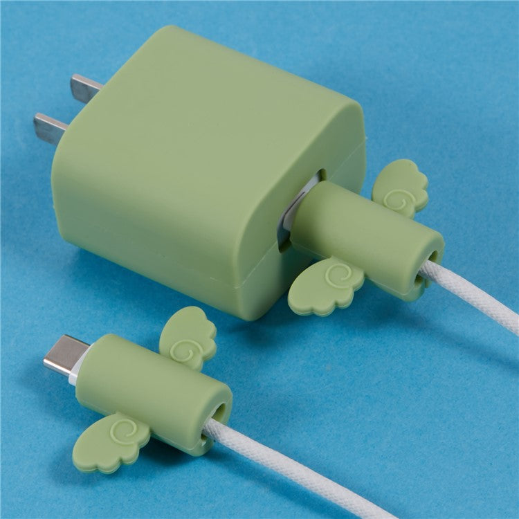 Solid Color Wings Protective Sleeve for Apple iPhone 18 / 20W Charger Cover + 2Pcs Data Cable Saver Silicone Case - Light Green