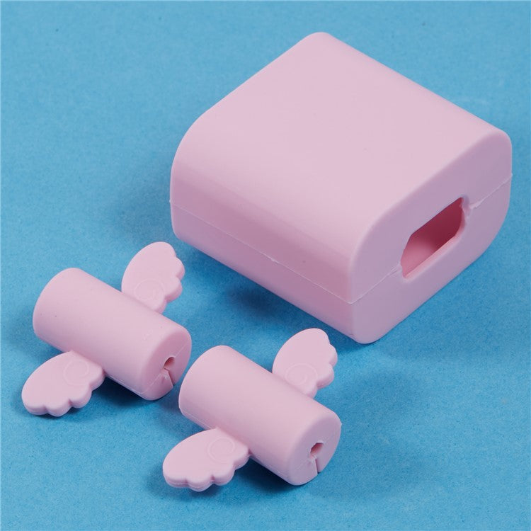 Solid Color Wings Protective Sleeve for Apple iPhone 18 / 20W Charger Cover + 2Pcs Data Cable Saver Silicone Case - Light Purple