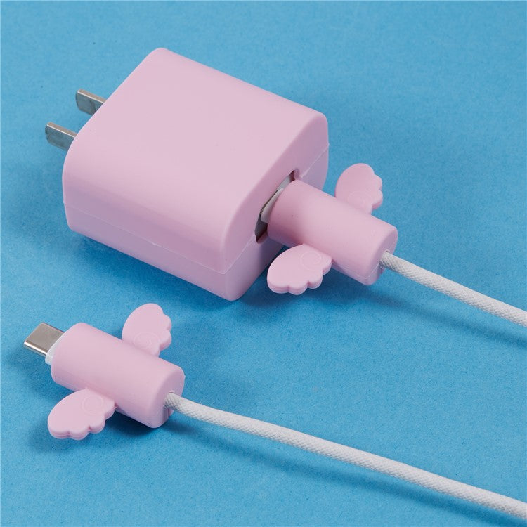 Solid Color Wings Protective Sleeve for Apple iPhone 18 / 20W Charger Cover + 2Pcs Data Cable Saver Silicone Case - Light Purple