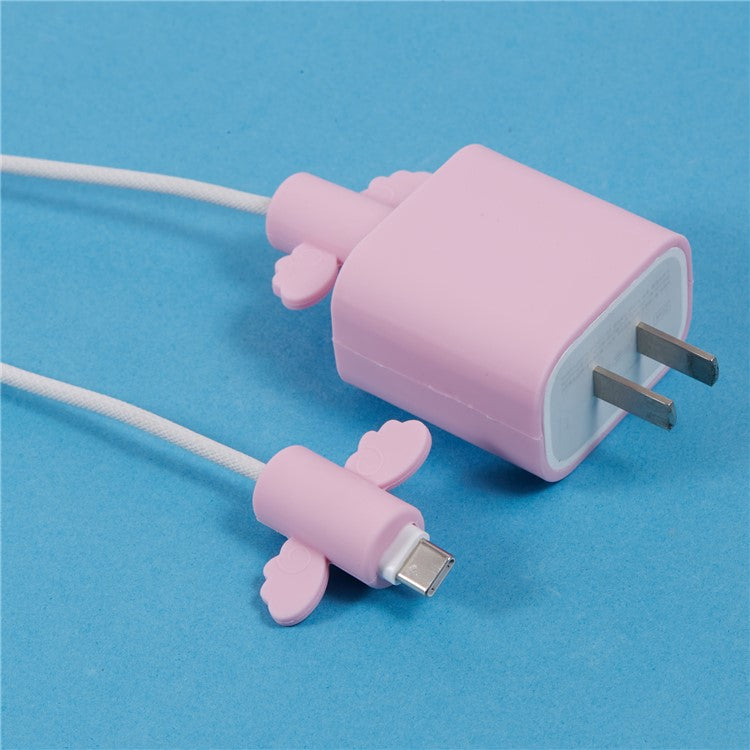 Solid Color Wings Protective Sleeve for Apple iPhone 18 / 20W Charger Cover + 2Pcs Data Cable Saver Silicone Case - Light Purple