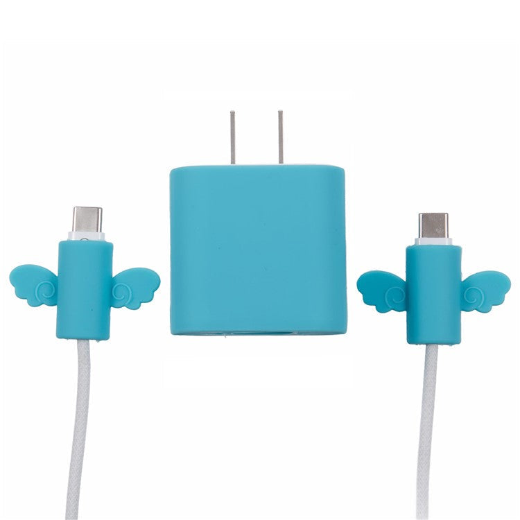 Solid Color Wings Protective Sleeve for Apple iPhone 18 / 20W Charger Cover + 2Pcs Data Cable Saver Silicone Case - Blue