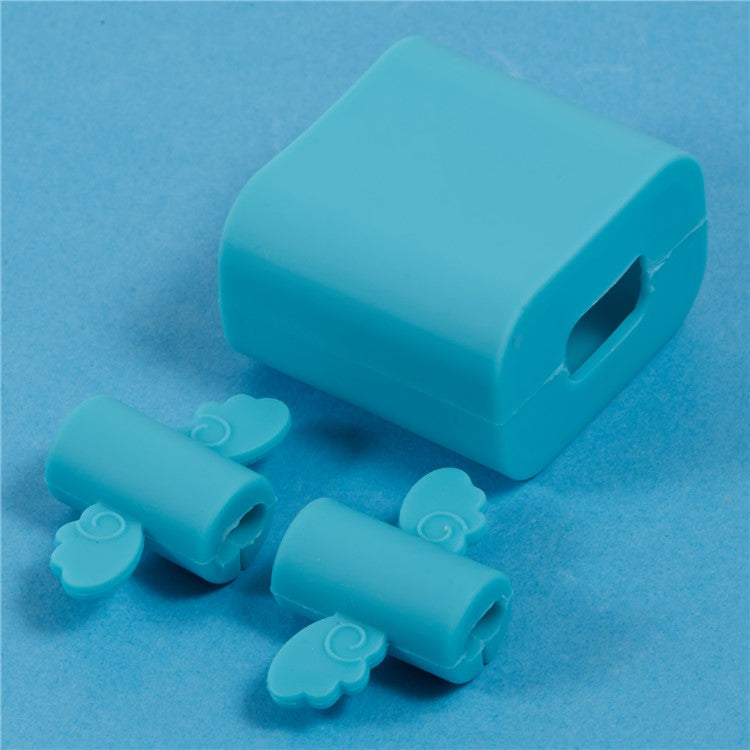 Solid Color Wings Protective Sleeve for Apple iPhone 18 / 20W Charger Cover + 2Pcs Data Cable Saver Silicone Case - Blue