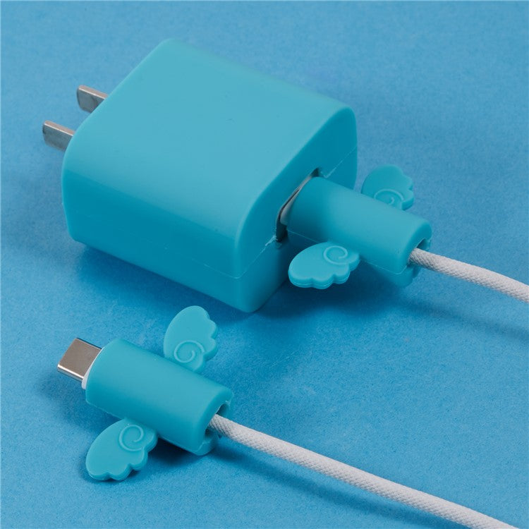 Solid Color Wings Protective Sleeve for Apple iPhone 18 / 20W Charger Cover + 2Pcs Data Cable Saver Silicone Case - Blue