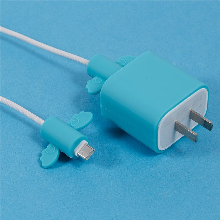Solid Color Wings Protective Sleeve for Apple iPhone 18 / 20W Charger Cover + 2Pcs Data Cable Saver Silicone Case - Blue