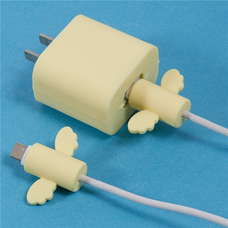 Solid Color Wings Protective Sleeve for Apple iPhone 18 / 20W Charger Cover + 2Pcs Data Cable Saver Silicone Case - Beige