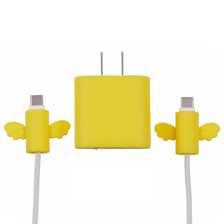 Solid Color Wings Protective Sleeve for Apple iPhone 18 / 20W Charger Cover + 2Pcs Data Cable Saver Silicone Case - Yellow