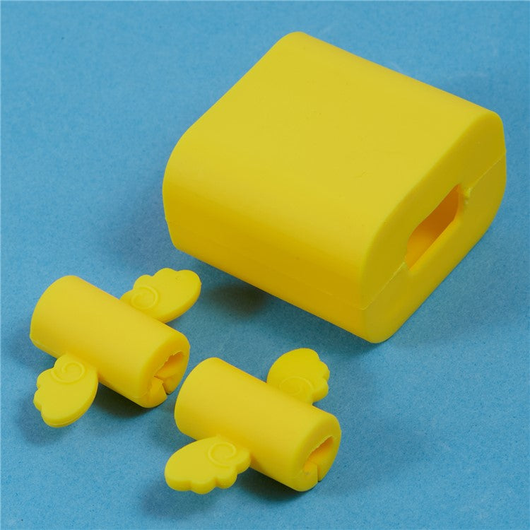 Solid Color Wings Protective Sleeve for Apple iPhone 18 / 20W Charger Cover + 2Pcs Data Cable Saver Silicone Case - Yellow