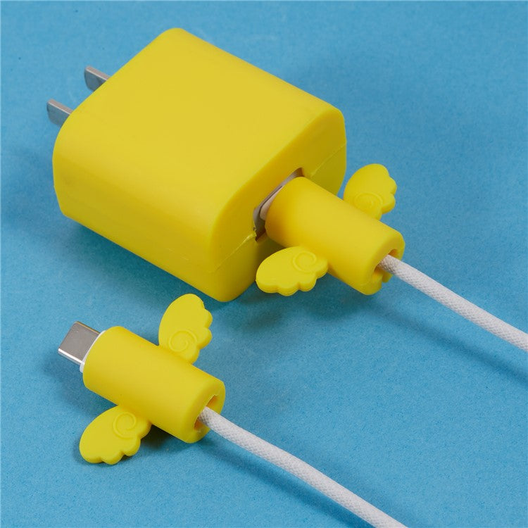 Solid Color Wings Protective Sleeve for Apple iPhone 18 / 20W Charger Cover + 2Pcs Data Cable Saver Silicone Case - Yellow