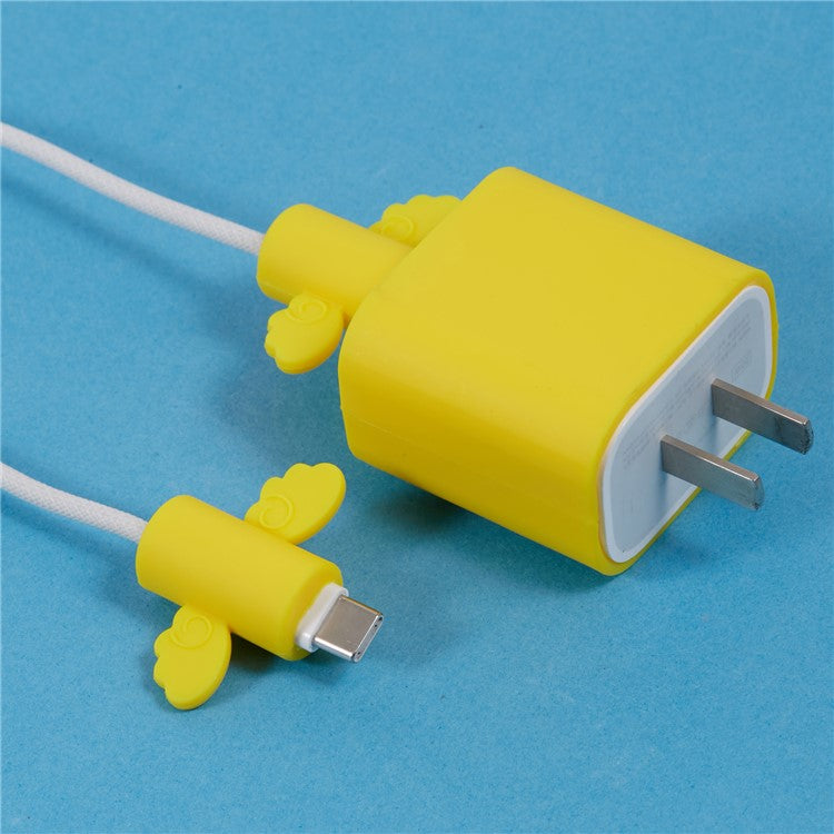 Solid Color Wings Protective Sleeve for Apple iPhone 18 / 20W Charger Cover + 2Pcs Data Cable Saver Silicone Case - Yellow