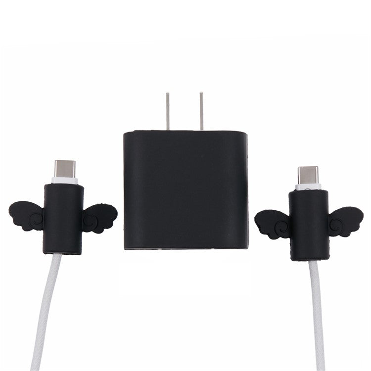 Solid Color Wings Protective Sleeve for Apple iPhone 18 / 20W Charger Cover + 2Pcs Data Cable Saver Silicone Case - Black