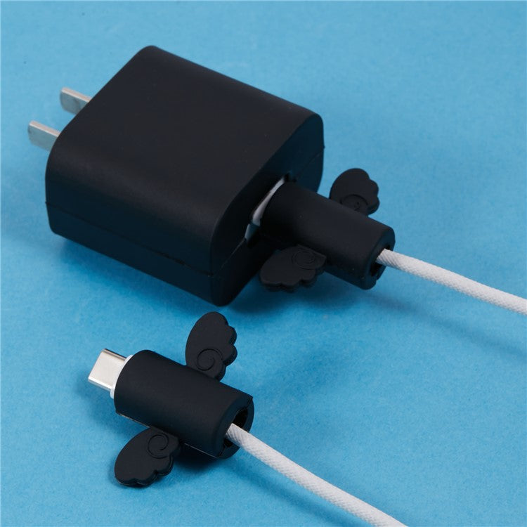 Solid Color Wings Protective Sleeve for Apple iPhone 18 / 20W Charger Cover + 2Pcs Data Cable Saver Silicone Case - Black