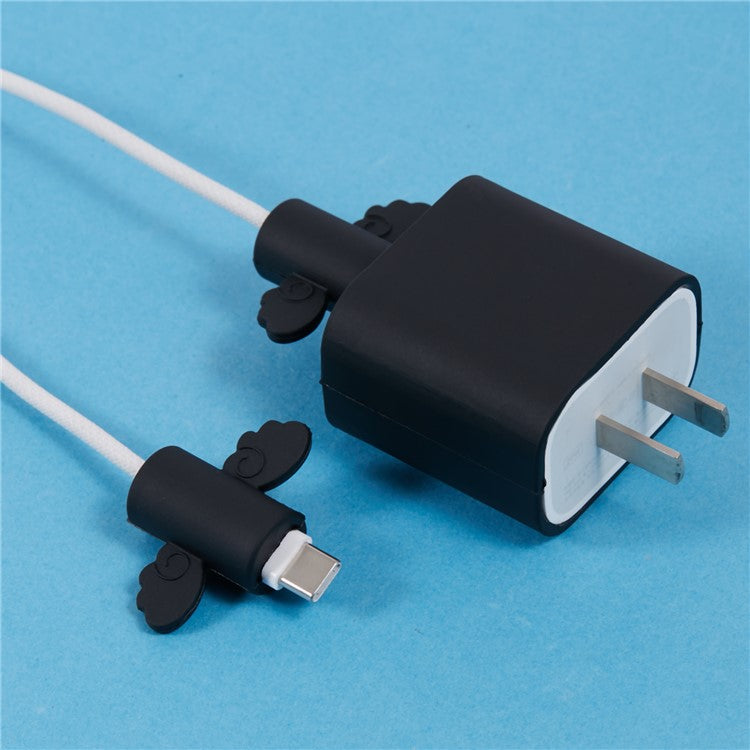 Solid Color Wings Protective Sleeve for Apple iPhone 18 / 20W Charger Cover + 2Pcs Data Cable Saver Silicone Case - Black