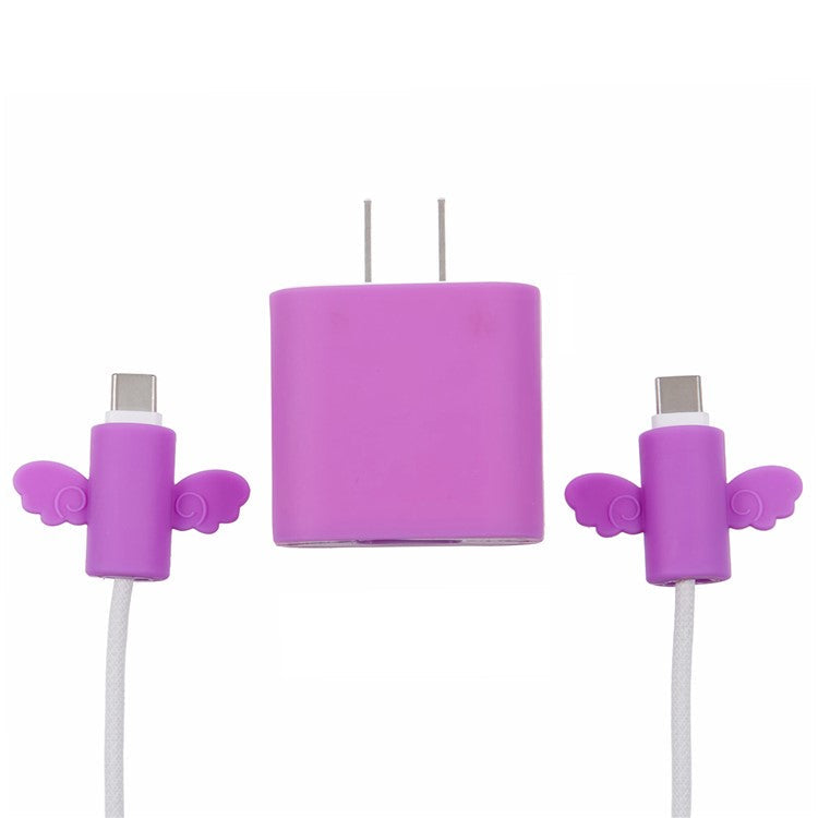 Solid Color Wings Protective Sleeve for Apple iPhone 18 / 20W Charger Cover + 2Pcs Data Cable Saver Silicone Case - Purple