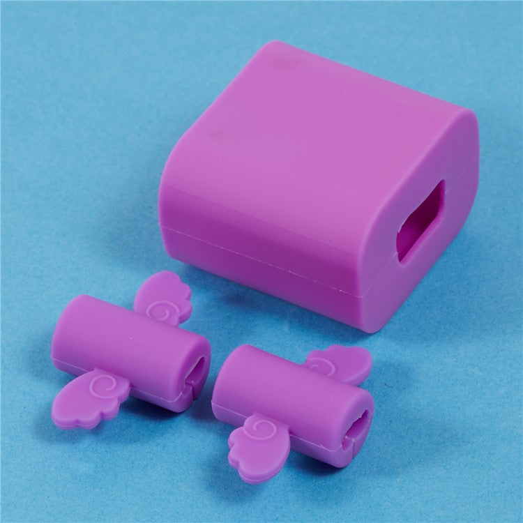 Solid Color Wings Protective Sleeve for Apple iPhone 18 / 20W Charger Cover + 2Pcs Data Cable Saver Silicone Case - Purple