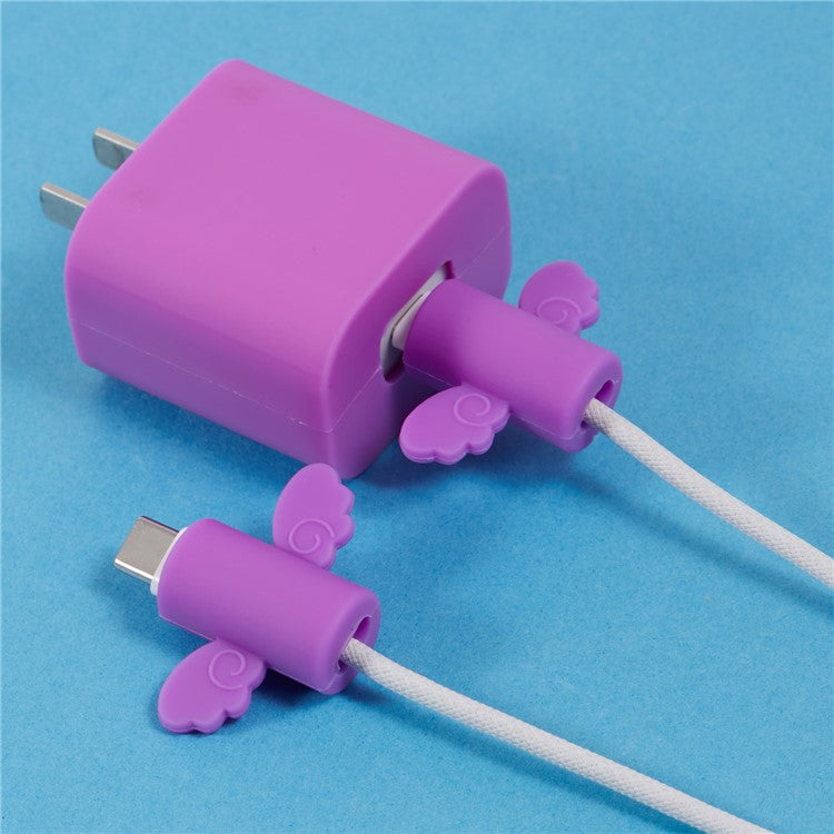 Solid Color Wings Protective Sleeve for Apple iPhone 18 / 20W Charger Cover + 2Pcs Data Cable Saver Silicone Case - Purple