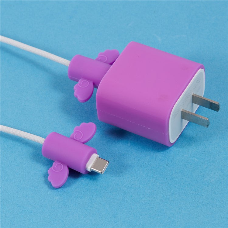 Solid Color Wings Protective Sleeve for Apple iPhone 18 / 20W Charger Cover + 2Pcs Data Cable Saver Silicone Case - Purple