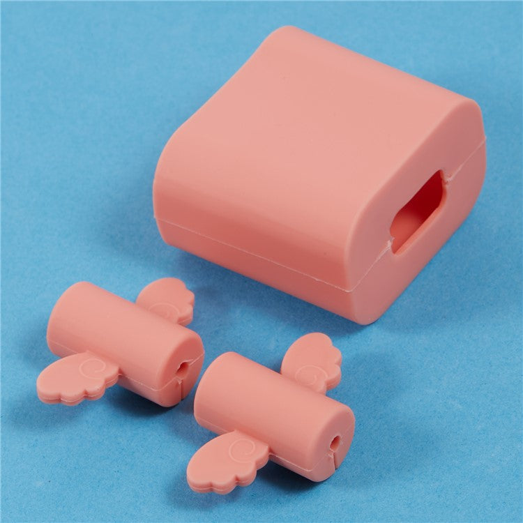 Solid Color Wings Protective Sleeve for Apple iPhone 18 / 20W Charger Cover + 2Pcs Data Cable Saver Silicone Case - Light Pink