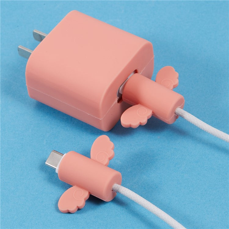 Solid Color Wings Protective Sleeve for Apple iPhone 18 / 20W Charger Cover + 2Pcs Data Cable Saver Silicone Case - Light Pink