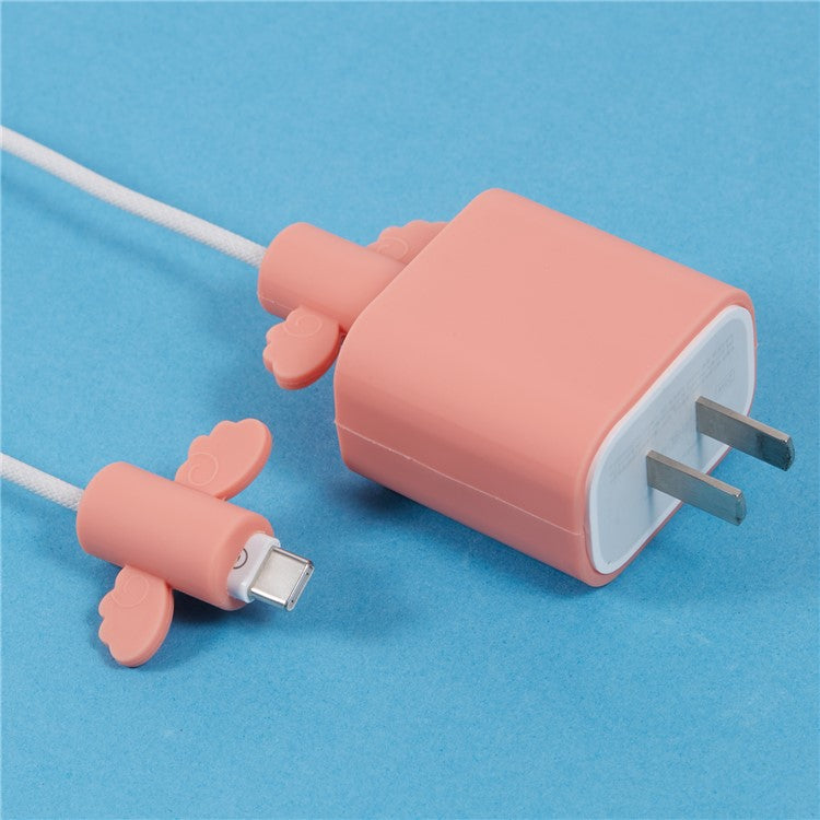 Solid Color Wings Protective Sleeve for Apple iPhone 18 / 20W Charger Cover + 2Pcs Data Cable Saver Silicone Case - Light Pink