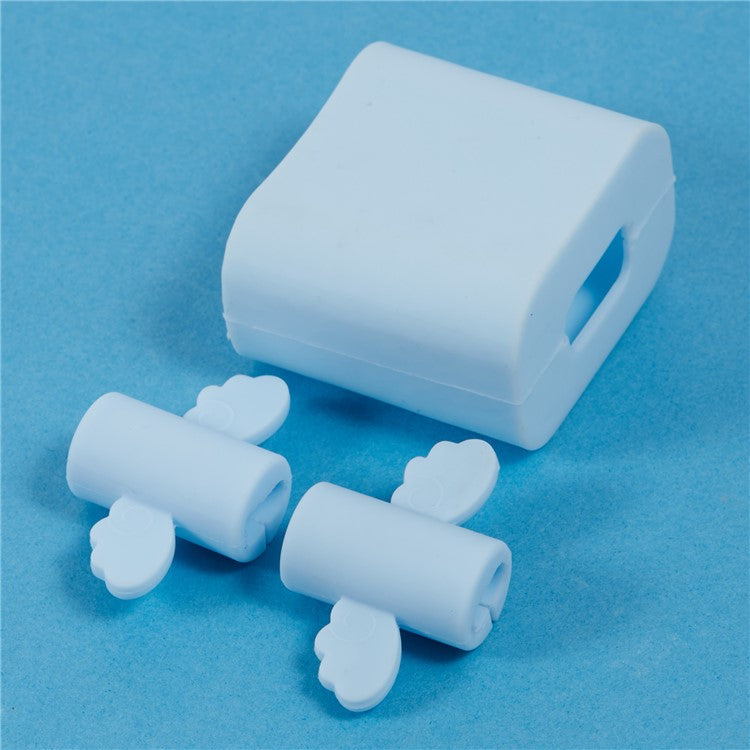 Solid Color Wings Protective Sleeve for Apple iPhone 18 / 20W Charger Cover + 2Pcs Data Cable Saver Silicone Case - Baby Blue