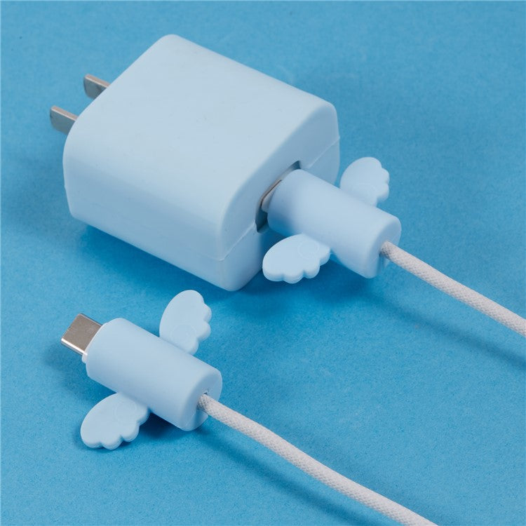 Solid Color Wings Protective Sleeve for Apple iPhone 18 / 20W Charger Cover + 2Pcs Data Cable Saver Silicone Case - Baby Blue