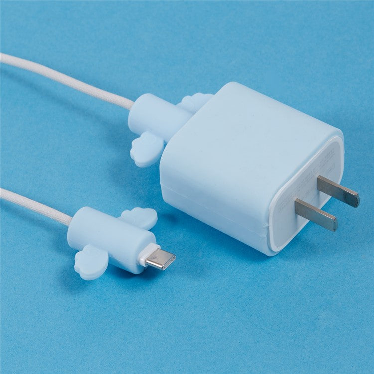 Solid Color Wings Protective Sleeve for Apple iPhone 18 / 20W Charger Cover + 2Pcs Data Cable Saver Silicone Case - Baby Blue