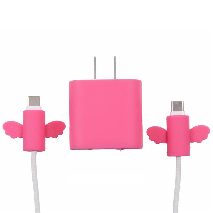 Solid Color Wings Protective Sleeve for Apple iPhone 18 / 20W Charger Cover + 2Pcs Data Cable Saver Silicone Case - Deep Pink