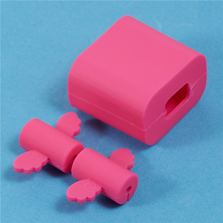Solid Color Wings Protective Sleeve for Apple iPhone 18 / 20W Charger Cover + 2Pcs Data Cable Saver Silicone Case - Deep Pink