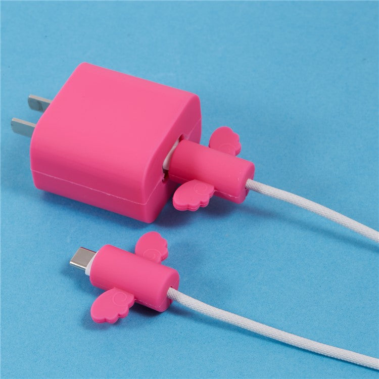 Solid Color Wings Protective Sleeve for Apple iPhone 18 / 20W Charger Cover + 2Pcs Data Cable Saver Silicone Case - Deep Pink