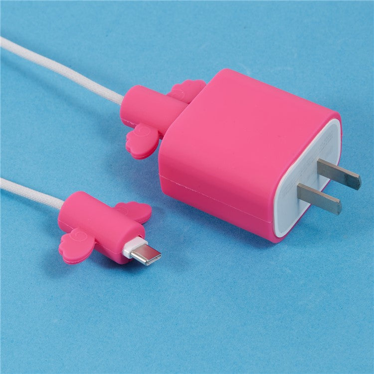 Solid Color Wings Protective Sleeve for Apple iPhone 18 / 20W Charger Cover + 2Pcs Data Cable Saver Silicone Case - Deep Pink