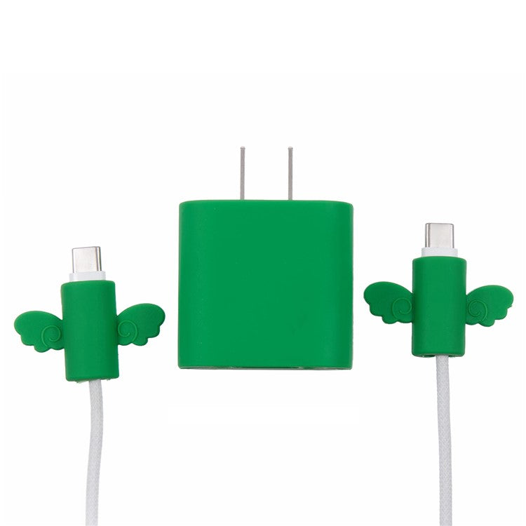Solid Color Wings Protective Sleeve for Apple iPhone 18 / 20W Charger Cover + 2Pcs Data Cable Saver Silicone Case - Green