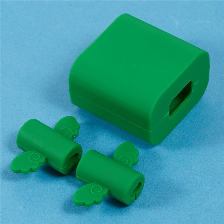 Solid Color Wings Protective Sleeve for Apple iPhone 18 / 20W Charger Cover + 2Pcs Data Cable Saver Silicone Case - Green