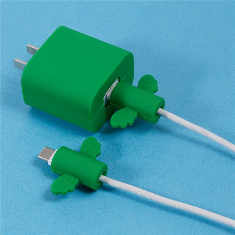 Solid Color Wings Protective Sleeve for Apple iPhone 18 / 20W Charger Cover + 2Pcs Data Cable Saver Silicone Case - Green