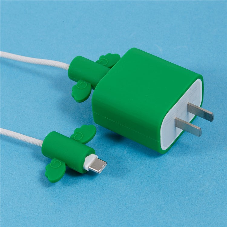 Solid Color Wings Protective Sleeve for Apple iPhone 18 / 20W Charger Cover + 2Pcs Data Cable Saver Silicone Case - Green