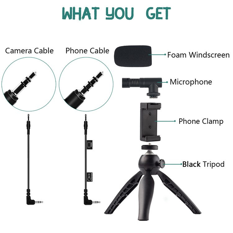 ADAI VK-01 Microphone with Handheld Tripod Phone Clamp Set for 3.5mm Audio Equipment - Black