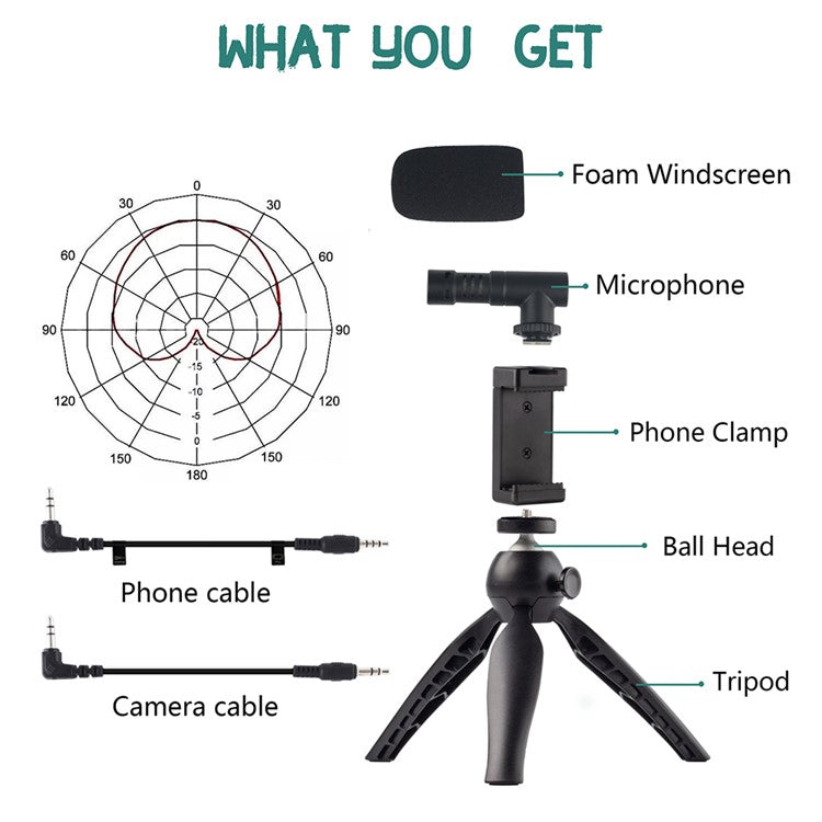 ADAI VK-01 Microphone with Handheld Tripod Phone Clamp Set for 3.5mm Audio Equipment - Black